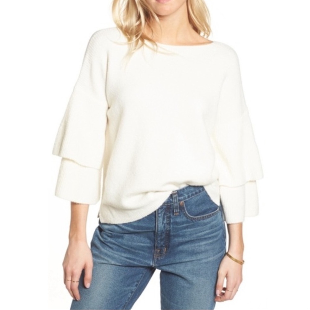 MADEWELL Ivory Ruffle Sleeve Sweater Crew Neck